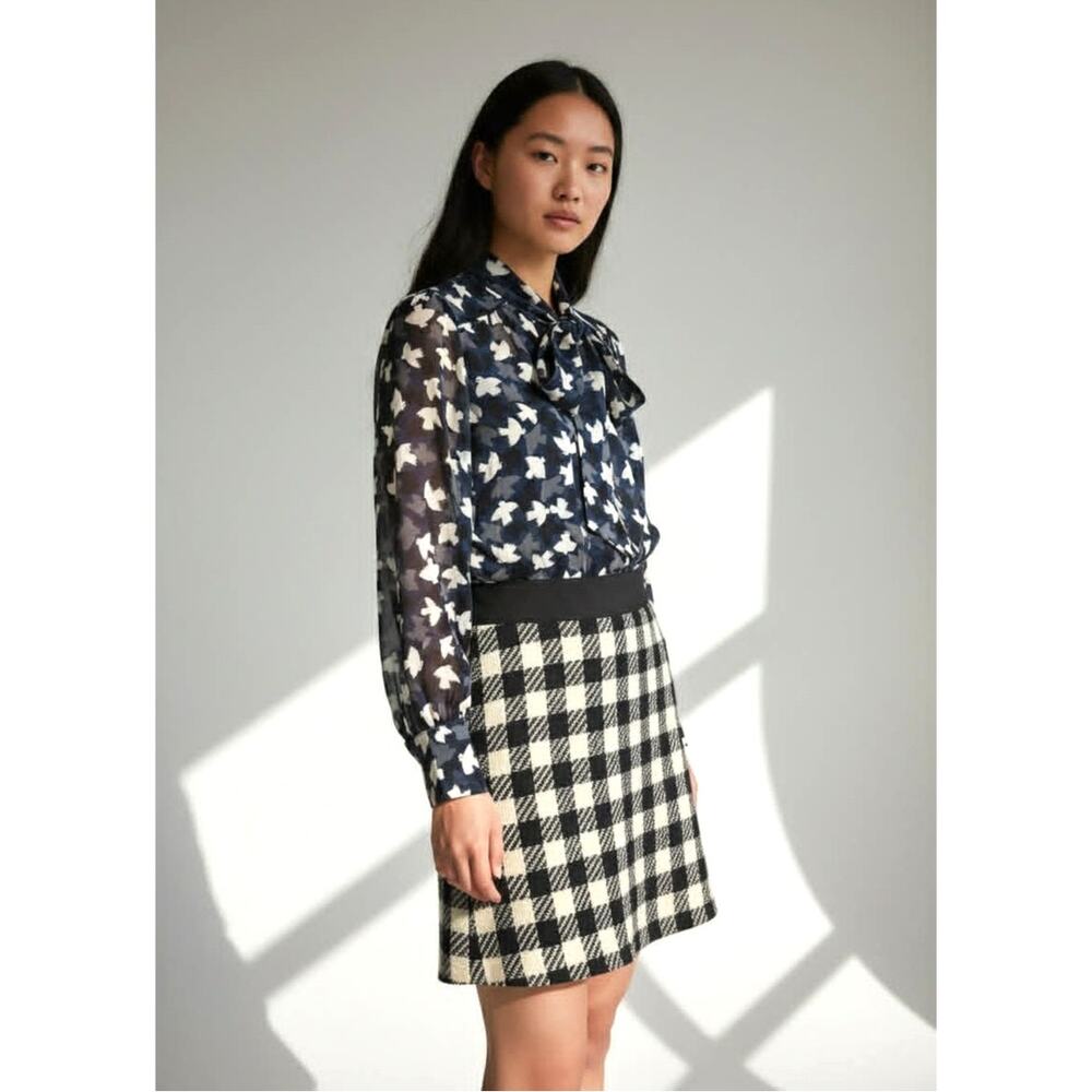 NWOT Milly NY Silk Wool Dress Bird Print Blouse with Bow Tie Houndstooth Skirt 4